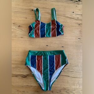 Cupshe Striped Bikini Swimsuit Blue Brown Green Spandex Women’s Large‎ Preloved